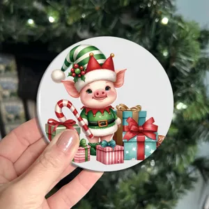 Round Christmas pig printed non-slip car water coaster festive holiday cup mat home decor table