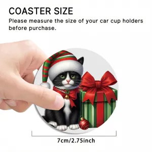 Silicone car coaster with cute Christmas cat design, 7cm non-slip drink cup holder mat.