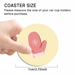 Christmas car coaster size detail showing 7cm diameter with cute winter mitten pattern design.