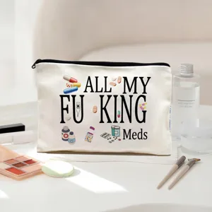 Canvas cosmetic bag with zipper and funny medical text print, daily makeup storage pouch for women.