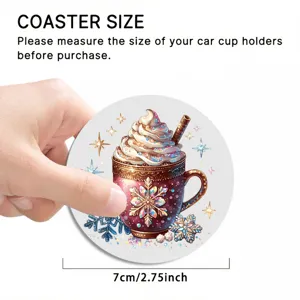 Car coaster detail showing winter hot chocolate mug graphic and 7cm size measurement display.