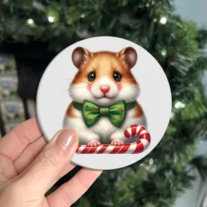 Christmas hamster round soft rubber coaster with cute candy cane design for table decor.