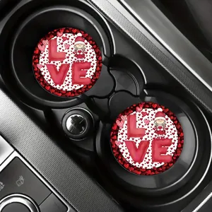 Valentine car cup coasters set, red heart love pattern absorbent ceramic mats for autos.
