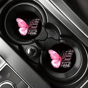 Siliconen auto bekerhouder onderzetters met roze vlinder en bijbelvers 2 stk