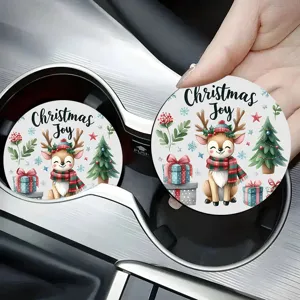 Cute Christmas reindeer car coaster detail shot, festive holiday cup holder insert accessory.