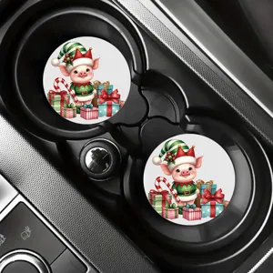 Christmas elf pig car cup coasters set, cute cartoon animal absorbent non-slip auto drink mats.