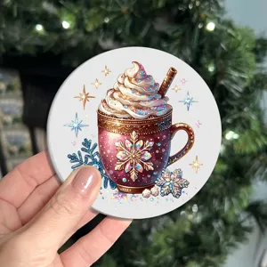 Close-up detail of festive Christmas winter hot cocoa mug pattern round silicone pad.