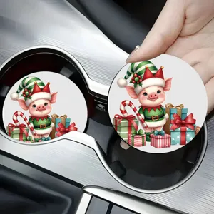 Cute Christmas pig print car anti-slip cup coaster, silicone round car interior mat.