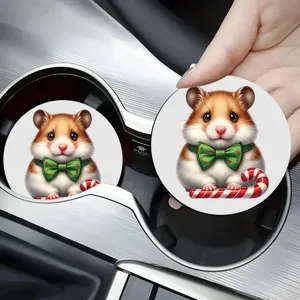 Cute Christmas hamster car cup coaster, soft rubber anti-slip interior decor mat for auto.