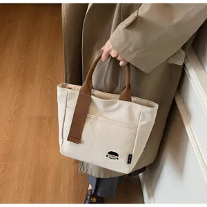Canvas tote bag cute cartoon embroidery handbag student commute bento lunch shoulder bag