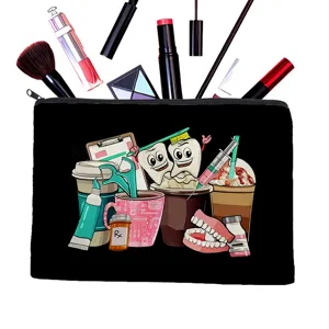 Black canvas cosmetic bag with dental cartoon print, zipper travel pouch for makeup.