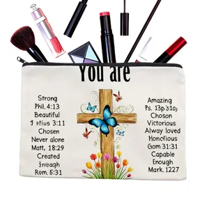 Bolsa de maquillaje de lona con cremallera y estampado de versículos bíblicos inspiradores.