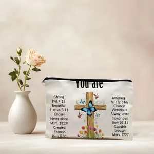 Estuche de lona con cremallera neceser maquillaje cruz mariposa versiculos biblicos