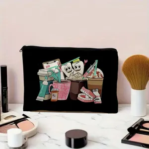 Black canvas cosmetic bag travel zipper makeup pouch with cute dental cartoon print storage.