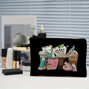 Black canvas cosmetic bag with cute dental cartoon print, zipper travel makeup pouch organizer.