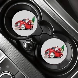 Set de posavasos para coche de cuero con bonito diseño de camión rojo de Papá Noel navideño.