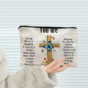 Estuche de lona con cremallera y estampado de cruz, bolsa organizadora grande para maquillaje diario.