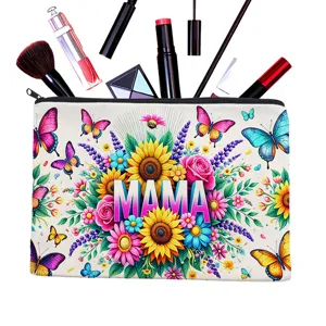 Bolsa cosmética de lona con cremallera estampado floral mariposa MAMA estuche de lápices grande