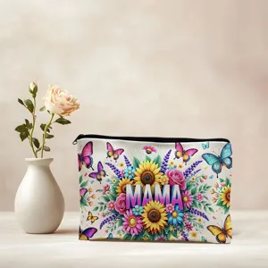 Bolsa de maquillaje de lona con cremallera, diseño floral de mariposas y texto MAMA.