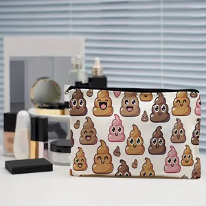 Cute cartoon poop print canvas cosmetic bag, zip closure toiletry pouch for women.
