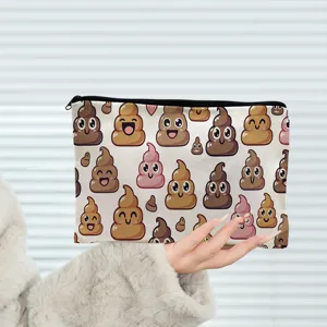 Canvas makeup pouch cute cartoon poop pattern travel toiletry bag zipper pencil case for women
