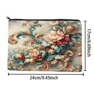 Vintage floral canvas cosmetic bag zipper makeup travel pouch for women storage daily use