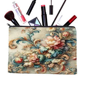Canvas cosmetic bag with vintage floral print, zipper travel makeup pouch for women