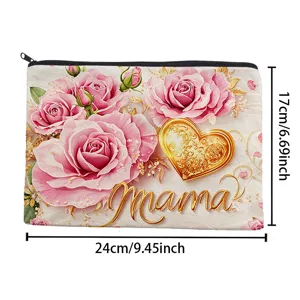 Bolsa de lona con cremallera, rosas rosas y corazón dorado, neceser de maquillaje versátil.