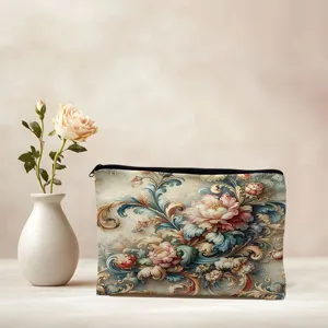 Vintage baroque floral canvas cosmetic bag zipper makeup pouch travel storage organizer case