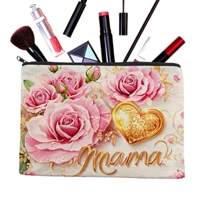 Bolsa de maquillaje de lona con rosas rosadas y corazón dorado mama, estuche grande con cremallera.