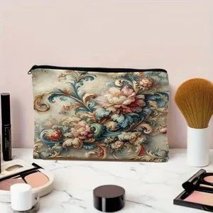Detail shot of canvas cosmetic pouch with vintage floral pattern on marble makeup table.