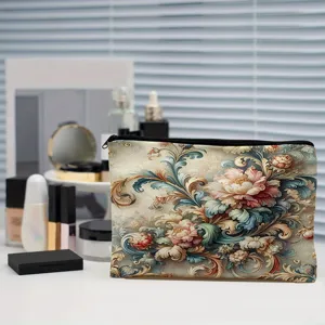 Canvas cosmetic bag with vintage floral baroque pattern, portable zipper travel makeup pouch.