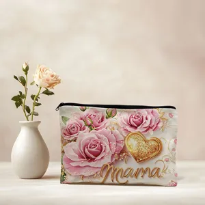 Bolsa de maquillaje de lienzo con rosas y estampado Mama, elegante estuche con cremallera.