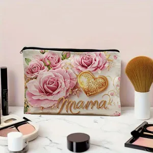 Bolsa de maquillaje de lona con rosas rosas y corazón dorado, neceser espacioso con cremallera.