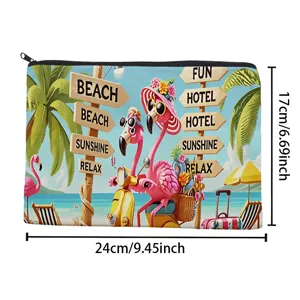 Canvas cosmetic travel bag with cute flamingo beach pattern, zipper pouch for women storage.