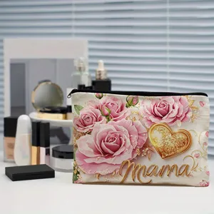 Bolsa cosmetica de lona con cremallera, patron de rosas y corazon dorado para uso diario.