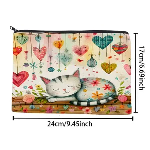 Bolsa de lona con cremallera, lindo diseño de gato en acuarela, estuche grande y neceser de maquillaje.