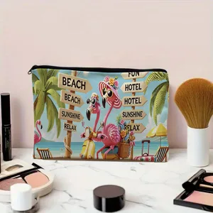 Canvas cosmetic travel bag detail showing vibrant flamingo print, durable zipper.