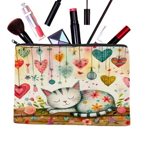 Bolsa de maquillaje de lona con gato durmiendo y corazones, estuche para lápices.