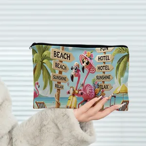 Canvas cosmetic bag with cute flamingo tropical beach print, zip travel makeup pouch.
