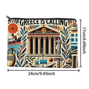 Canvas zipper makeup bag pencil case with retro Greece theme illustration 24x17cm travel pouch
