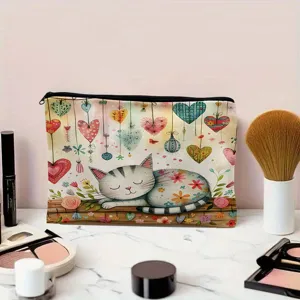 Bolsa con cremallera de lona, neceser de maquillaje grande, estuche de gato acuarela.