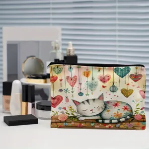 Bolsa de maquillaje con cremallera de lona y bonito diseño de gato para uso diario.