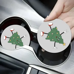 Lindo posavasos de coche con árbol de Navidad de dibujos animados, alfombrilla de cuero.