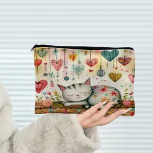 Estuche de lona con cremallera, diseño de gato y corazones, bolsa portátil para maquillaje.