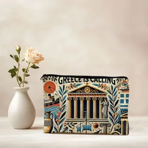 Greek style canvas makeup bag detail, vintage Parthenon illustration pattern, zipper pouch.