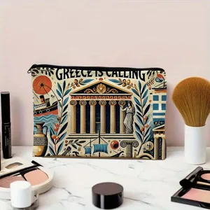 Canvas cosmetic bag featuring vintage Greek travel theme illustration and convenient zipper