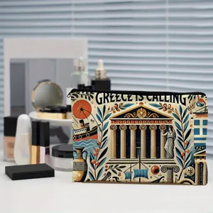 Canvas cosmetic bag with Greek architectural print, zipper travel pouch for women's daily storage.