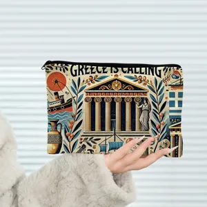 Canvas cosmetic travel pouch with vintage Greek art design, zipper makeup storage organizer bag.