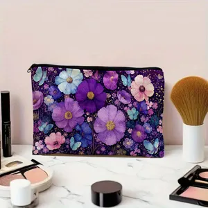 Bolso de maquillaje de lona con cremallera y estampado de mariposas florales moradas para ti.